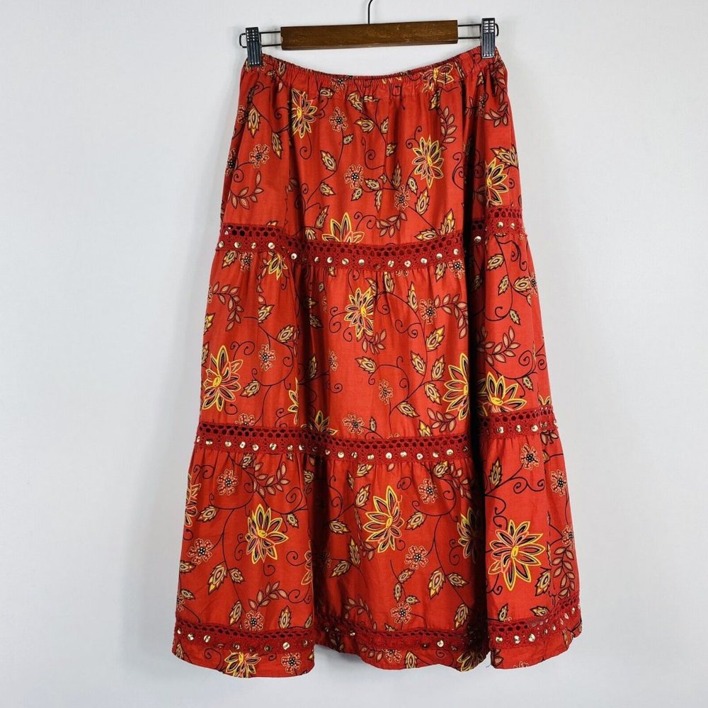 Coldwater Creek Floral Tiered Pull On Waist 100% Cotton Midi Skirt Orange